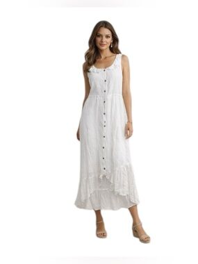 Luxology White Sleeveless Button Front Midi Dress Size L Ruffle Hem